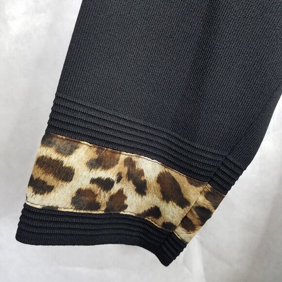 MISOOK Long Cardigan Jacket Women's L Black Leopard Trim Button Up Textured Knit - Picture 6 of 13